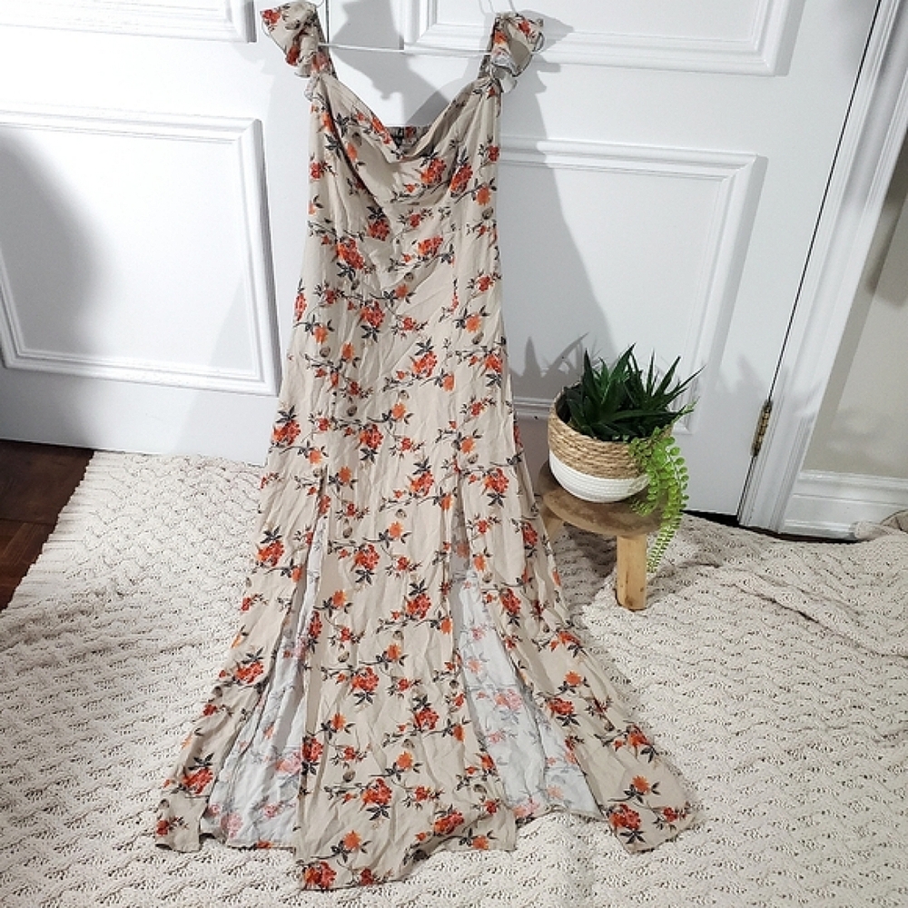 Vintage Floral Off The Shoulder Butterfly Sleeve Maxi Dress with Slits